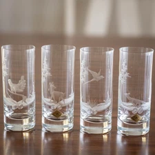 Set of 4 Salzburger Austrian Crystal Vintage Wildlife Etched Highball Glasses