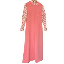 VTG 60s womens pink maxi dress, crochet sleeves, collar. Size 14. boho, hippie