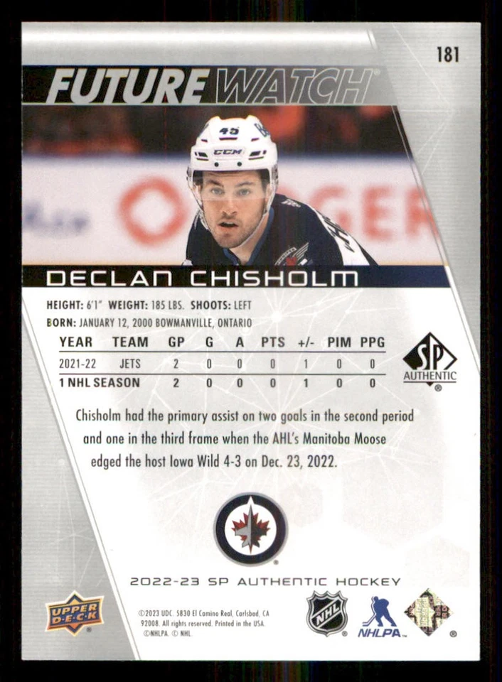 2022-23 SP Authentic #181 Declan Chisholm FW RC /999 - Image 2 of 2