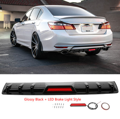 For 12-17 Honda Accord Glossy Black Car Rear Bumper Diffuser w/ Led Brake Light