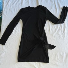 SHEIN Black Knit Bodycon Short Dress Round Neck Long Sleeve Tie Waist M