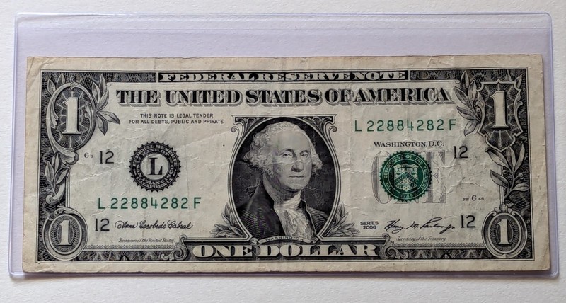US One Dollar, 2006, $1 Trinary Serial Number, Federal Reserve Note