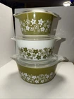 3 Vint Pyrex Crazy Daisy 2 1/2, 1 1/2, 1 qt. Green&White Casserole Bowls w Lids