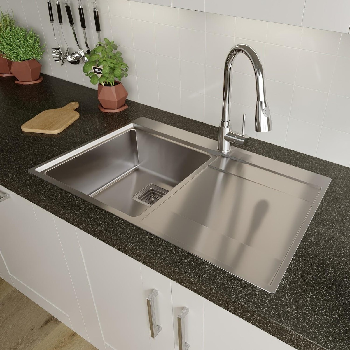 Sinkoro Bowl Kitchen Sink Stainless Steel Square Inset Right Drainer  Waste