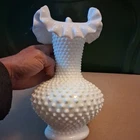 Vintage Large Fenton White Milk Glass Hobnail Ruffled Crimped Stamped Vase 10.5”