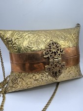 Vintage Embossed Metal Evening Bag Purse Gold Copper Tone Velvet Lined Chain