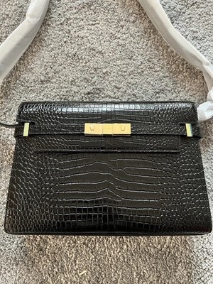 Saint Laurent Manhattan Croc Embossed Leather   Black