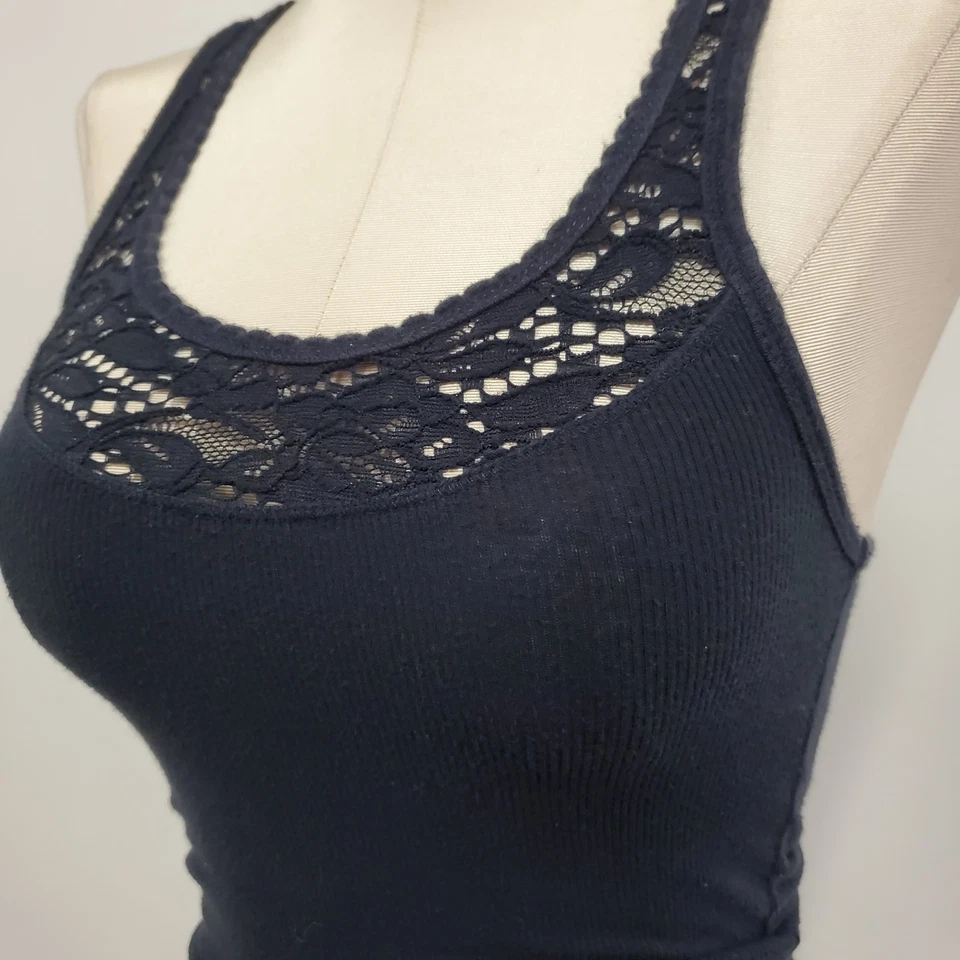 Camiseta sin mangas Hollister para mujer Y2K ribete de encaje tejido acanalado talla XS azul preppy 90S Foto 2 de 4