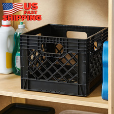 Heavy-Duty 16QT Plastic Milk Crate Square Storage Bin Organizer Black Stackable