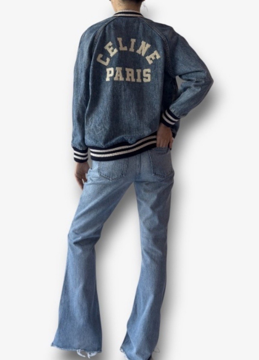 Celine Denim Teddy Jacket With CELINE PARIS Patch In Ocean Breathe