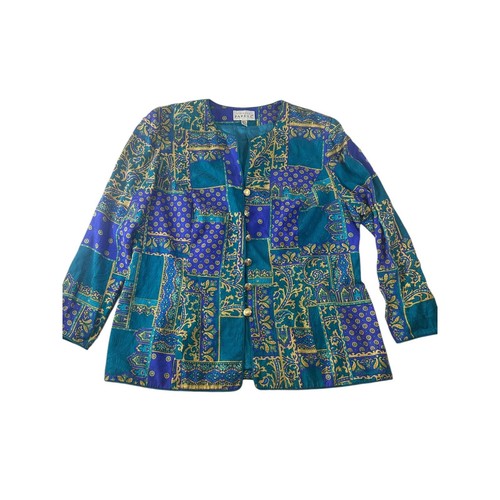 Giacca blazer Adrianna Papell vintage 100% seta bottoni blusa paisley taglia 16 - Foto 2 di 6