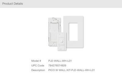 Lutron Pico  Remote Wall Mounting Kit White PJ2-WALL-WH-L01 - New - $54.99/Each