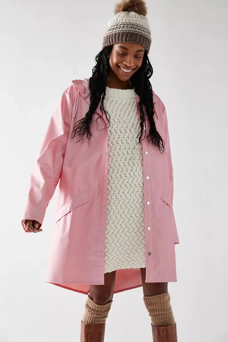 Rains Raincoat Long Jacket Hood Womens Large Pink Sky Waterproof New - Picture 2 of 3