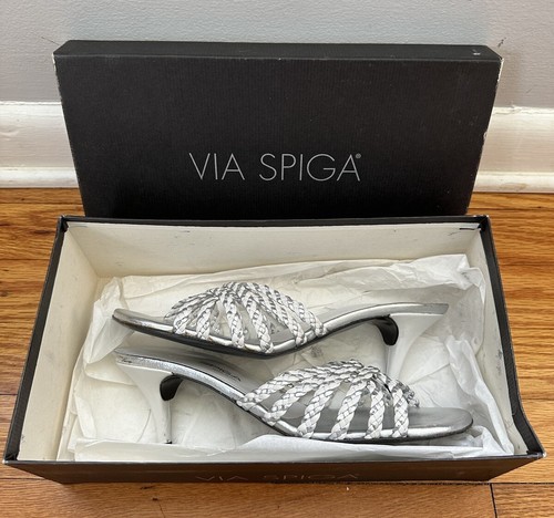 Via Spiga Women Silver and White Braided Kitten Heels US 8 Slip On Sandals - Picture 2 of 22