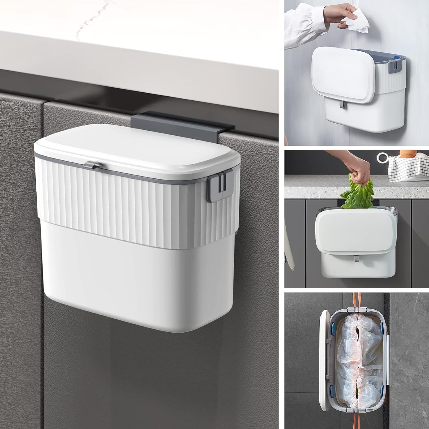 Kitchen Compost Bin with Lid 1.8Gall Hanging Trash Can with Lid, 7L Wall-Mounted