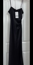 ZARA BLACK RUCHED  SATIN CAMISOLE MIDI SLIP DRESS L 14 16 Bodycon