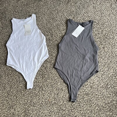Zara Bodysuit Sleeveless Stretch 2 Lots White Gray Closet Staple Basic M New