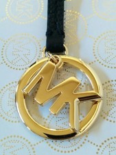 Michael Kors MK Logo Gold Charm / Black Pebble Leather Strap Handbag Fob New