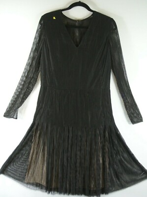 NWD Akris V-Neck Mesh Sheer sleeves Pleated Dress in Black - Size 6  #D4099