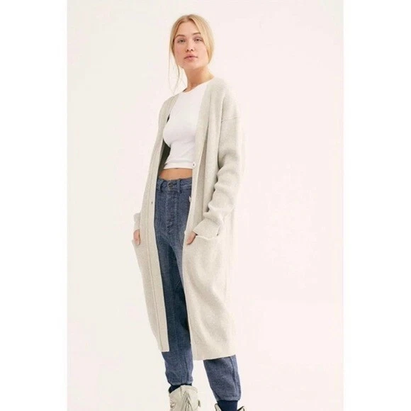 Free People Run to You Duster Cardigan Longline Sweater Light Gray