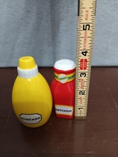 Ketchup  Mustard Salt  Pepper Shakers, Ceramic, Red  Yellow w Stoppers