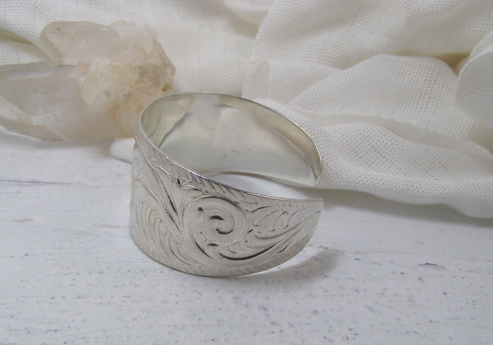 Sterling Silver Embossed Scroll Leaf Cuff Bracele… - image 3