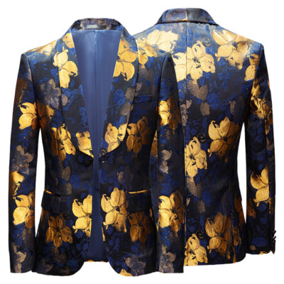Men Jacquard Floral Suit Jacket Blazer Top Dinner Party Stage Dress Costume Coat