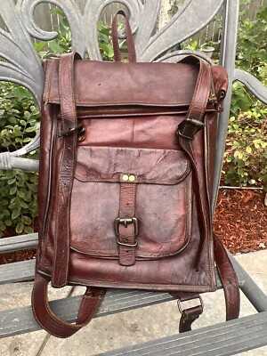 brown leather backpack second hand Vintage Leather Backpack Shoulder Bag Brown Distressed Very Good Pre Owned  Cond