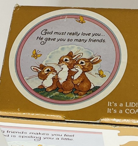1986 Hallmark Mug Mates with Coaster Lid Bunnies Birds Butterflies W/Box *CHIP - Picture 2 of 10