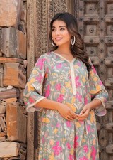Floral Print Muslin Kurta Palazzo Set, Grey with Pink and Yellow Flowers