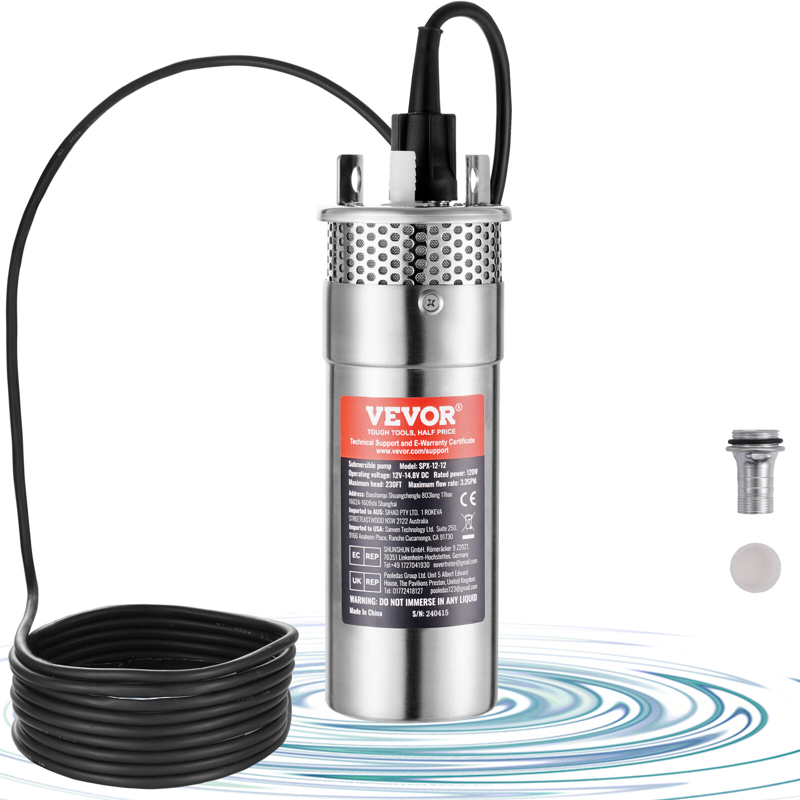 VEVOR Solar Water Pump Submersible Deep Well Pump 12V DC 3.2 GPM