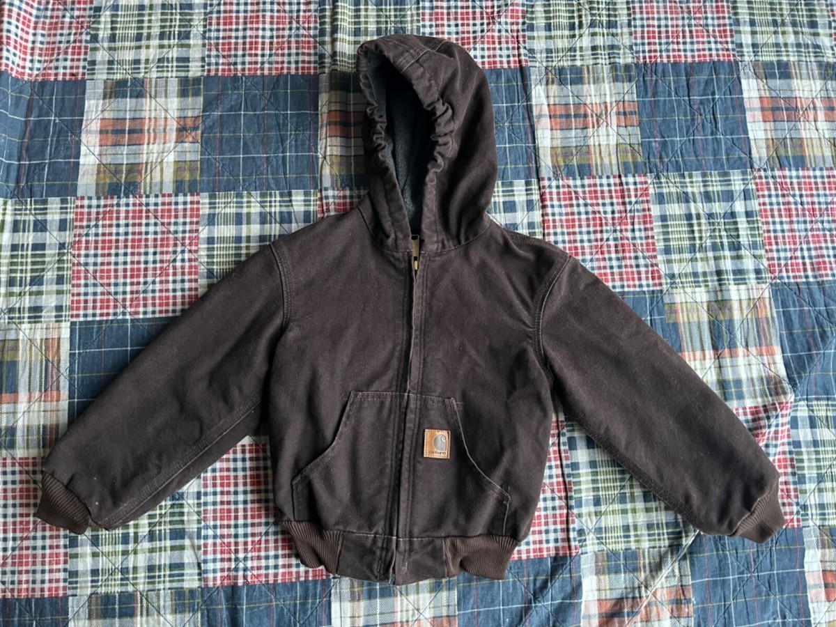 BOYS Carhartt YYJ159 DKB Brown Fleece Lined Hooded Zip Up Jacket 