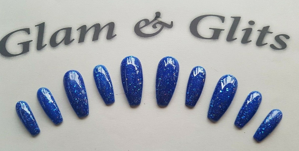 24 Painted Gel Press On False Nails Blue Sequin Glitter Coffin