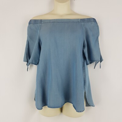 Katies Women 14 Blue Denim Off Shoulder Elastic Stretch Hi-Lo Hem Top Brand New