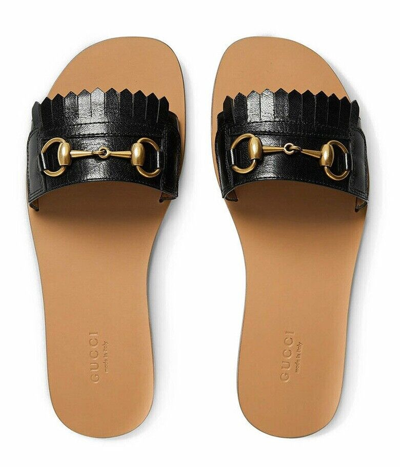 Gucci Varadero Black Horsebit Gold Fringed Slide Mule Slipper Flat