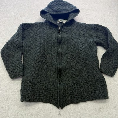 Aran Crafts Irish Cardigan Sweater Women's Green Merino Wool Zip Front Hooded XL