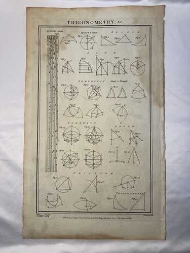 1780s Trigonometry Spherics Geometry Copperplate Engraving Plate 132 Hogg London