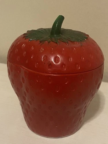 Hazel Atlas Strawberry Jam Jar 1940s Painted Milk Glass with Lid 3.5" H