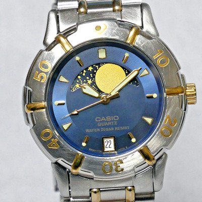 CASIO Moon Phase Watch MD-717 1987 Navy Blue Dial Date indicator Luminous Japan
