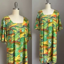 Vintage 1970’s Sears Hawaiian Fashions Flutter Sleeve Swan Print Dress Medium