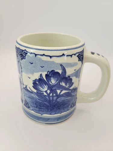 Delft Blue Art Pottery Mug Windmill Boat Flowers Hand-painted Holland 8 Oz