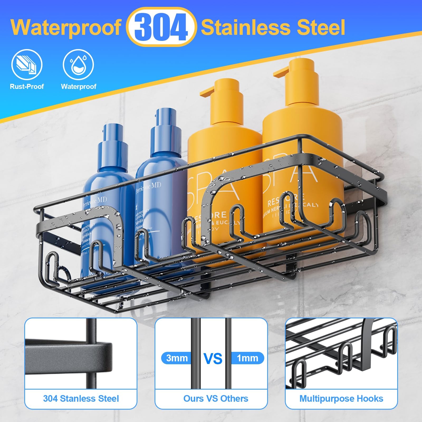 5 Pack Adhesive Shower Caddy, No Drilling Shower Shelves, Rustproof Stainless...