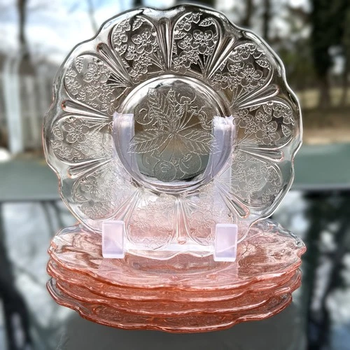 Vintage Jeannette Pink Cherry Blossom Depression Glass 6” Bread Plates Set of 5