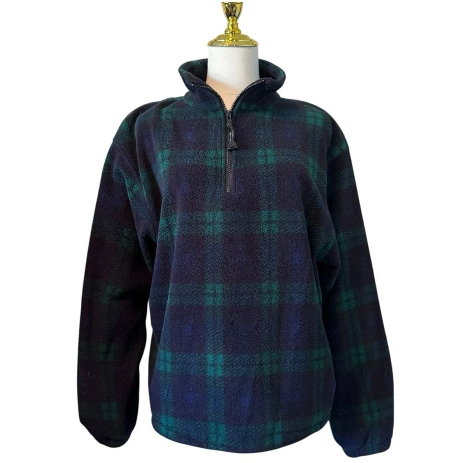 Eddie Bauer Men’s Dark Green and Navy Plaid Fleece Jacket Small S