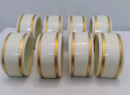 Vintage Lot of 8 GORHAM NAPKIN RINGS White China w/ Gold Stripes, EUC