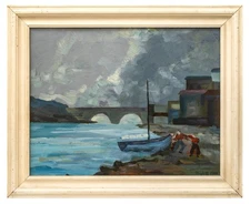Mid Century Expressionist River/Bridge Fishing Painting, Signed and Dated 1950