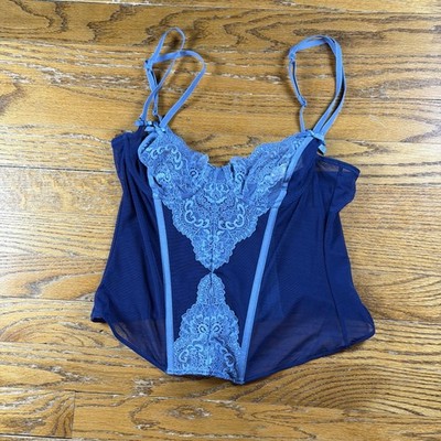 Adore Me Bustier Corset Top Womens 34A Blue Mesh Lace Adjustable Straps Lingerie