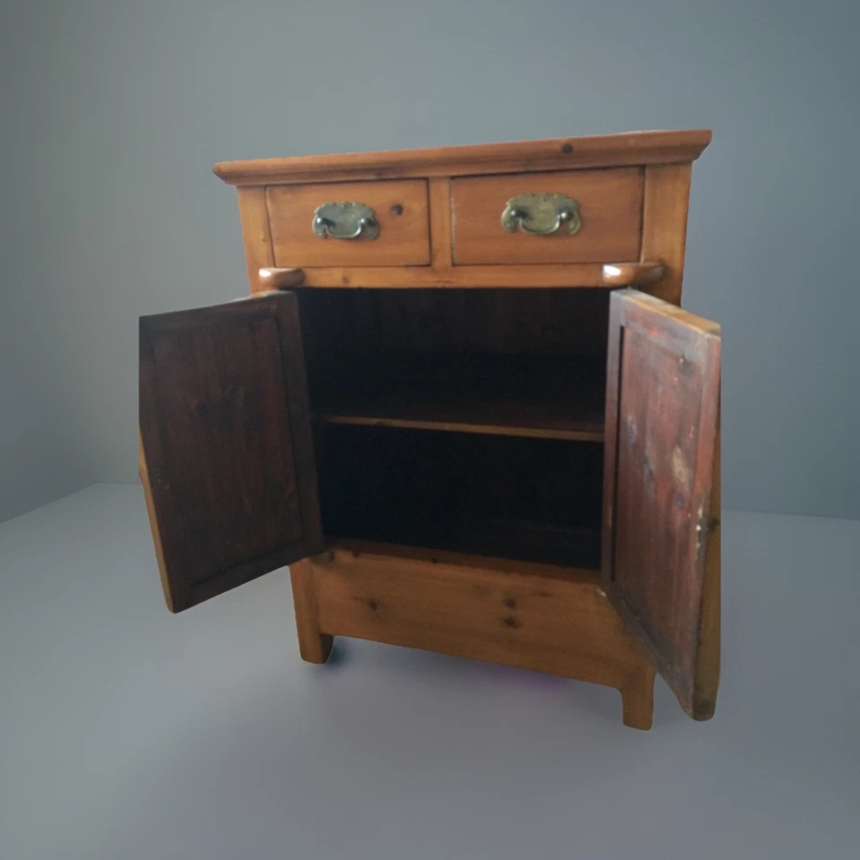 Vtg Chinese Elm Wood, Rattan Doors/ 2 Drawers Cabinet  35" , Ming-Style Feet, - Image 3 of 4