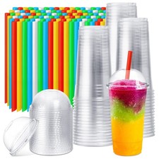 100 Sets Clear Plastic Cups with Dome Lids and Colorful Straws, Disposable Sl...