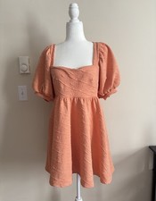 Free People Violet Mini Dress Small POCKETS Puff Sleeve Orange Square Neck Bow